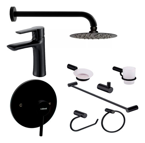 Set Baño Accesorios 9 Pz Regadera 15cm 2 Monomandos Negro