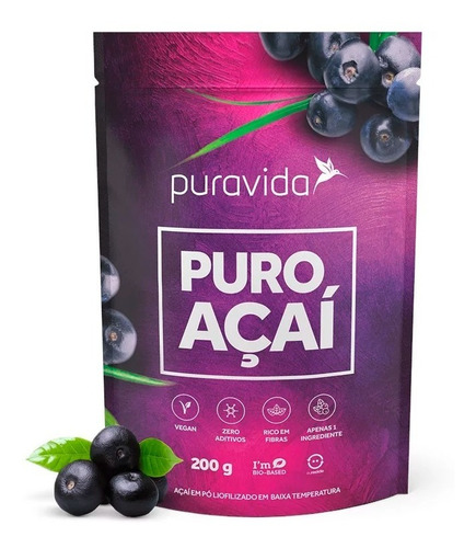 Puro Açaí Em Pó Liofilizado Vegano 200g - Pura Vida 100%p