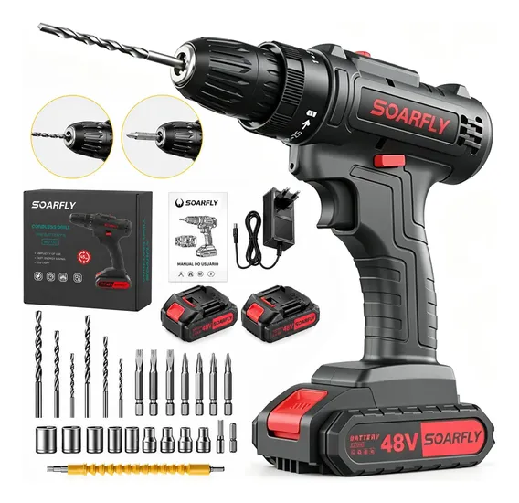 Parafusadeira E Furadeira Profissional 2 Baterias Bivolt Preto 127/220v 50/60hz