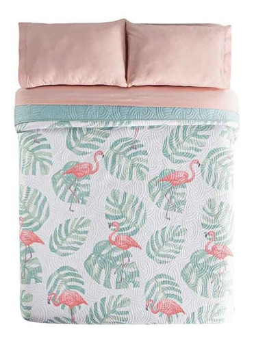 Edredon Novo Flamingos Individual + Cubre Colchon Bora