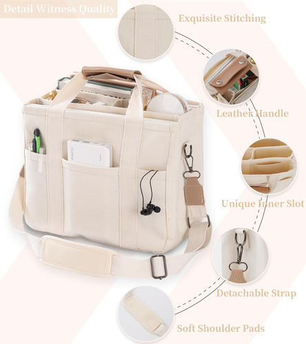 Canvas Tote Bag With Multi Pockets Crossbody Tote Bag