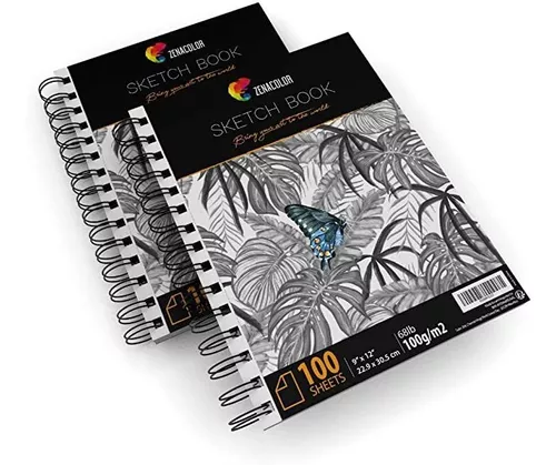  Juego de cuaderno de bocetos profesional de 200 hojas, 9 x 12  pulgadas con espiral, 2 almohadillas de dibujo con papel blanco (100 g),  cuaderno de dibujo para artista en blanco