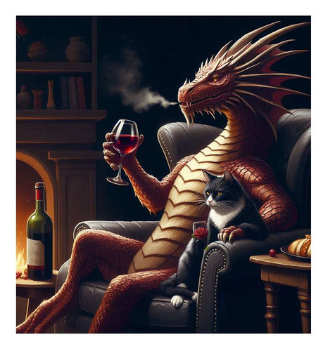 Vinilo 60x60cm Dragon Tomando Vino Gato Sillon Fumando