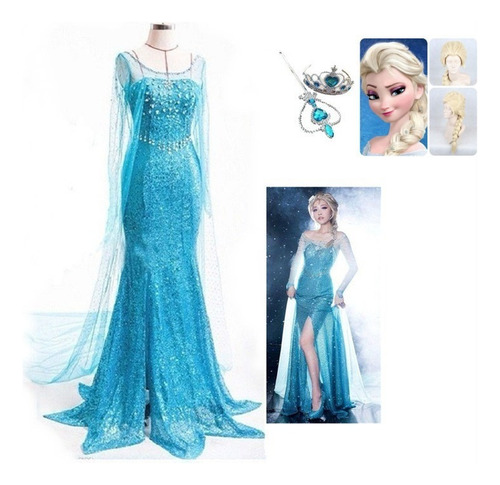 Frozen Adulto Vestido Princesa Elsa Vestido Halloween+peluca