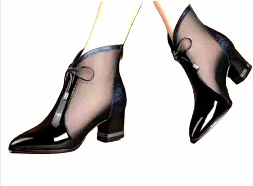Botines Elegantes Charol Y Malla Para Mujer Tacon Cuadrado Env o