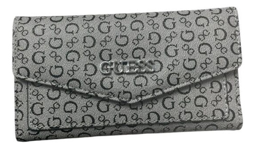 Billetera De Mujer Con Broche Gris Logo Negro Cod. 6408 Diseño De La Tela Liso