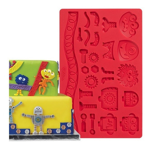Molde Silicon Tapete Tornillos Robots Y Monstruos Fondant