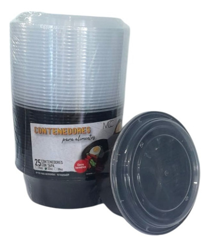 Contenedor Desechable Para Ensalada Alimentos Mcc 32oz 25 Pz Negro Con Blanco Circular