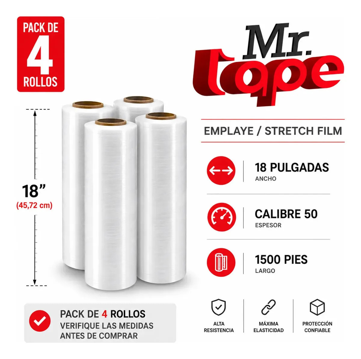 4 Rollos De Emplaye Playo Film Pelicula Estirable 18x50x1500 Mr Tape