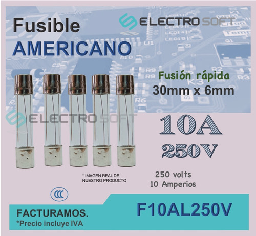 5pz Fusible Americano 10a 250v | 10 Amperios Fusión Rápida