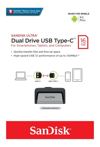 Sandisk Memoria Usb 3.0 Dual Otg Tipo C De 16gb