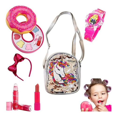 Kit Maquiagem Infantil Gloss Mochila Unicórnio Rosa Relógio