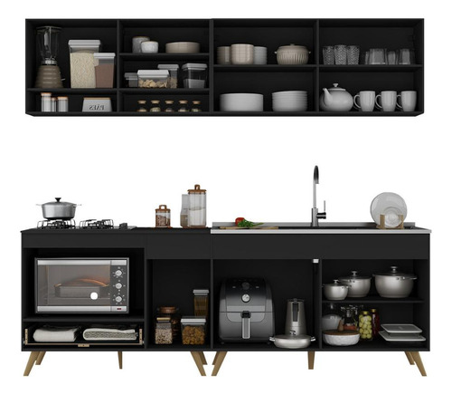 Cozinha Modulada Compacta 4 Peças Veneza Multimóveis Mp2264 Cor Preto/dourado