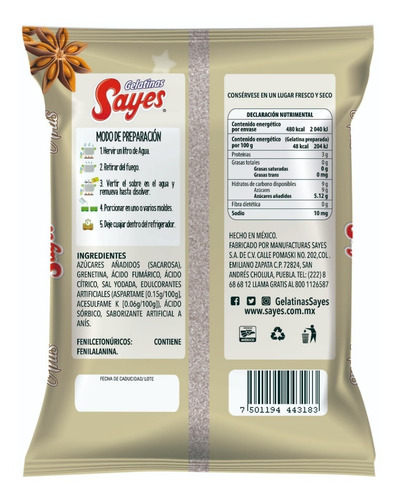 Imagen 4 de 4 de Gelatina Sayes De Agua Sabor Anis 25 Piezas 120gr