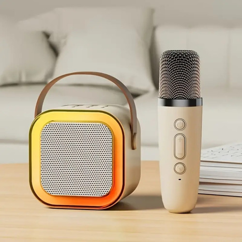 Caixinha Som Karaokê Infantil C/ 2 Microfone Bluetooth S/fio Creme