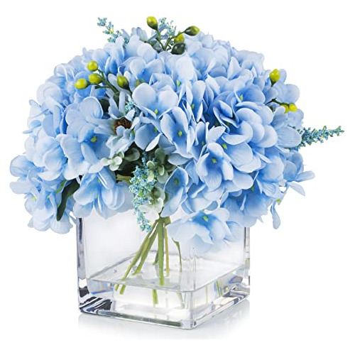 Flores Artificiales De Hortensias Azules Jarrón, Decor...