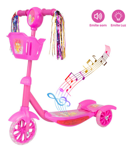 Patinete infantil de 3 ruedas con sonido LED y cesta rosa para niña