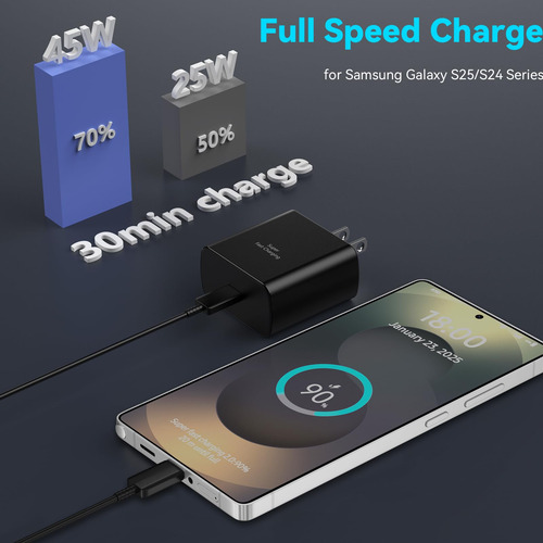 Cargador Rápido 45w Samsung Galaxy S25/s24/s23 Usb C 6.6ft Negro
