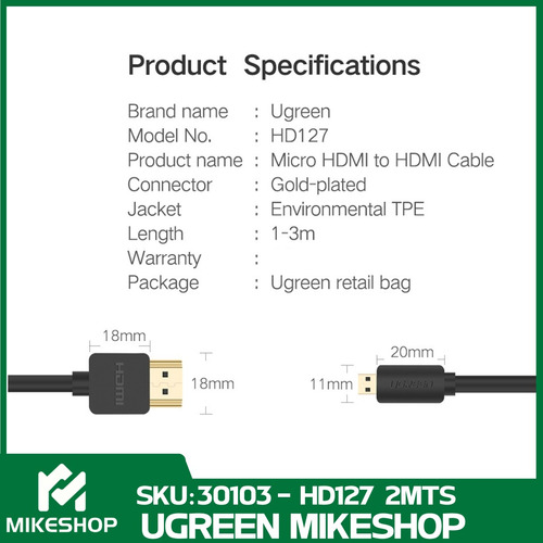 Cabo Micro Hdmi para HDMI Ugreen 4k 60hz 2m