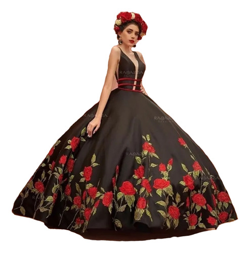 Vestido De Quinceañera Mexicana Con Rosas Bordadas 