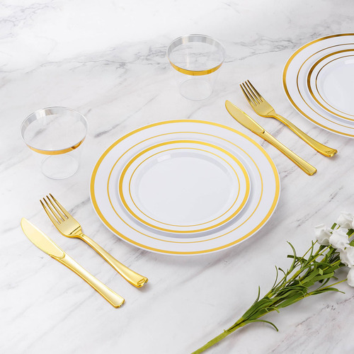 Juego De Vajilla Y Cubiertos Elegantes Desechables Para Boda Dorado Elegante