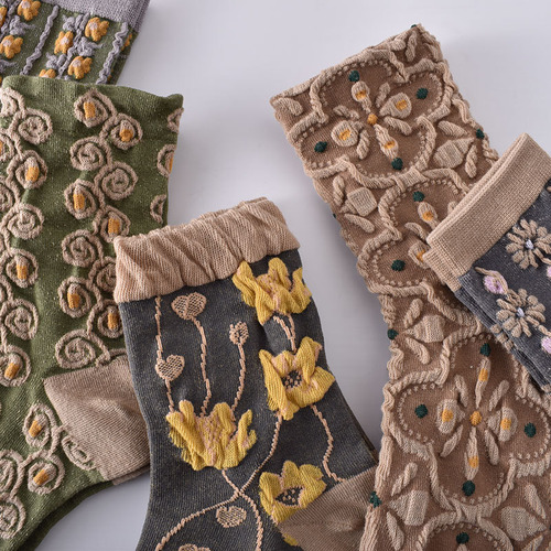 5 Pares De Calcetines Con Textura Floral En 3d, Estilo Retro