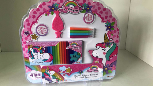 Imagen 4 de 5 de Pizarra Bifaz Kreker Unicorns , 24 Crayones + 4 Fibras + Bor