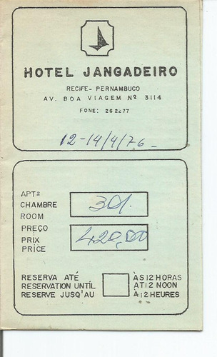 Folleto Hotel Jangadeiro Recife Brasil 