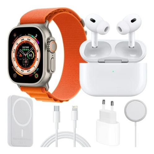 Combo Reloj Watch X8 Ultra + Audifonos In Ear + Power Bank Malla Naranja