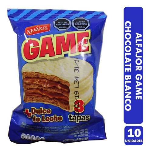 Alfajor Game, Bañado Chocolate Blanco - Pack De 10 Unidades