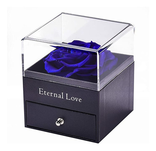 Rosa Real Eterna Y Collar Con Dije, Caja De Acrilico Color Azul