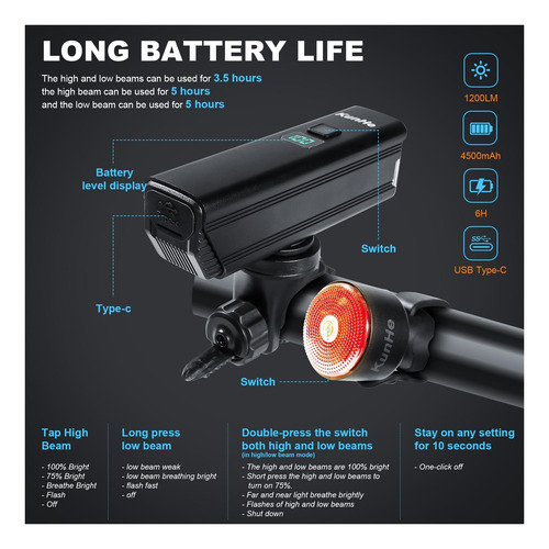 Bicicleta Usb-c Superbrillante Kunhe 1200 De Altos Lúmenes,