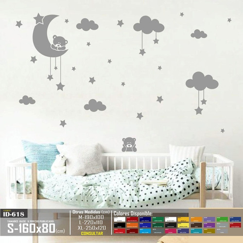 Vinilos Decorativos Oso Sobre Luna Nubes Estrellas Infantil