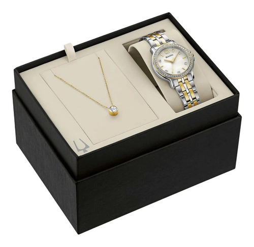 Imagen 1 de 4 de Reloj Bulova Dama Swarovski Dorado 98x127 Cristal Set Collar