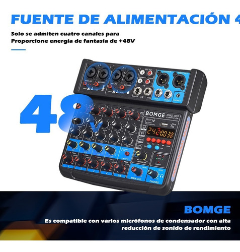 Mezclador De Dj Bomge 06f De 6 Canales Usb /bluetooth/48 V/d