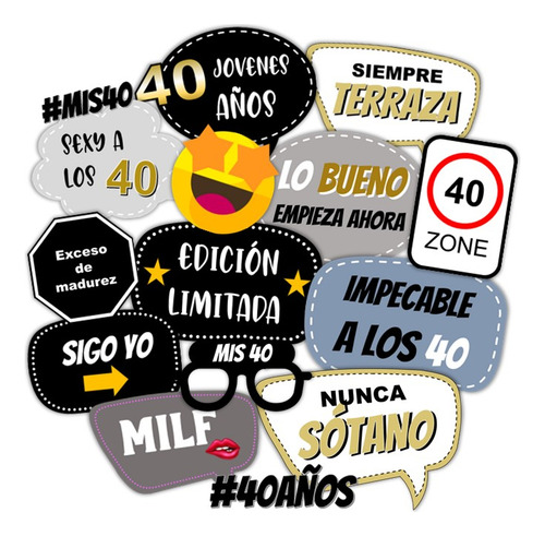 Kit Photo Props Cartelitos Cumple 40 Años Para Imprimir