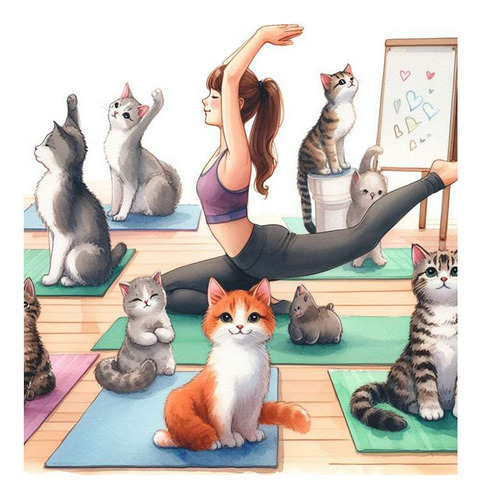 Vinilo 60x60cm Gato Yoga Watercolor Deporte Relax Cat M3