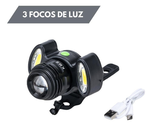 Farol Frontal Lanterna De Bike 3 Focos Led Zoom Recarregável