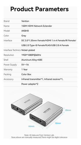Extensor Hdmi Por Cable Red Vention - 150 Metros Activo Con Audio - Hd 1080p 60hz - Carcasa Aluminio - Con Fuente Alimentación - Adaptador Rj45 Utp - Camara Seguridad Dvr Proyector Notebook Pc - AKBH0