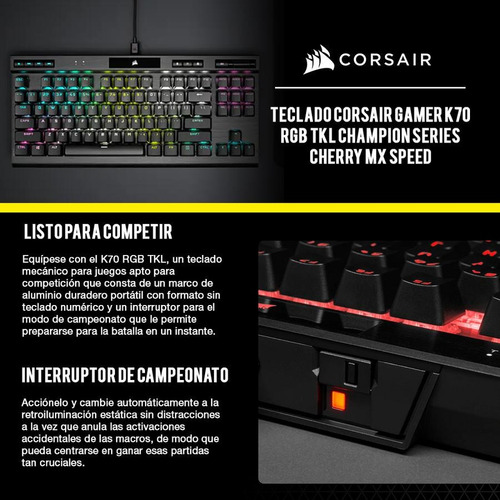 Corsair Champion Series K70 RGB TKL QWERTY Cherry MX RGB Speed, inglês americano, teclado preto para jogadores com luz RGB