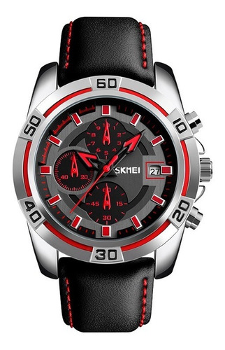 Reloj Casual Caballeros Skmei 9156 Correa Cuero Negro-rojo