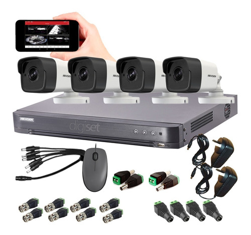 Kit Seguridad Hikvision Dvr 4ch + 4 Camaras + Conectores