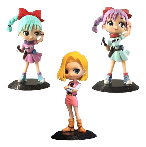 3 Figuras Bulma + Androide 18 Con Base 13cm Dragon Ball