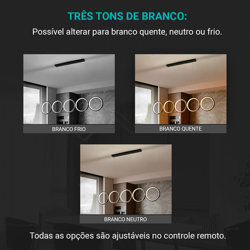 Luminária Led Pendente Moderno Mesa Cozinha Lustre Em Circulo Preto 3 Tons Dimmer Luxo Casa Attract 4x4sc