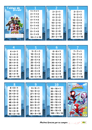 Kit Imprimible Tabla De Dividir Spidey Y Sus Amigos Editable