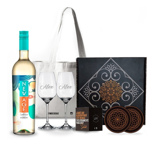 Box Set Vino New Age Blanco 2 Copas Transparente Grabadas