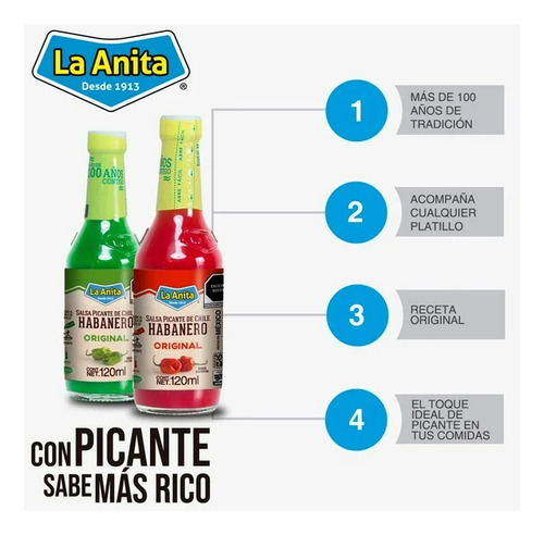 Salsa Picante De Habanero La Anita 4 Pzas De 120 Ml C/u