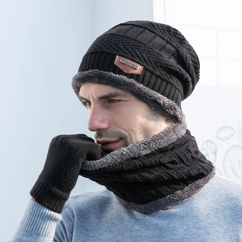 4 Conjunto Gorro Bufanda Guantes Frío Tejido Lana Unisex