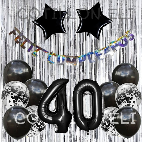 Combo Cumple Negro Plata Cortina Globos Confeti Feliz Cumple