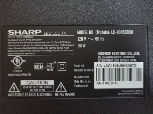 Infrarrojo Pantalla Sharp Led Lcd Tv Modelo Lc-40n5000u (Usado)
